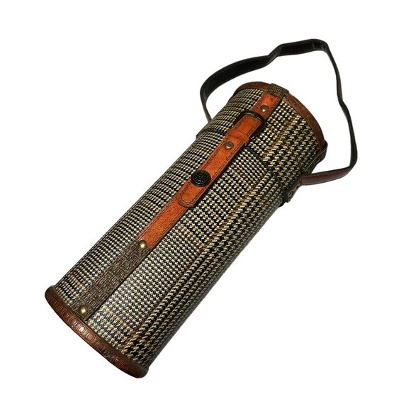 Vintage wine bottle container leather, wood, and plaid fabric - Picture 1 of 5